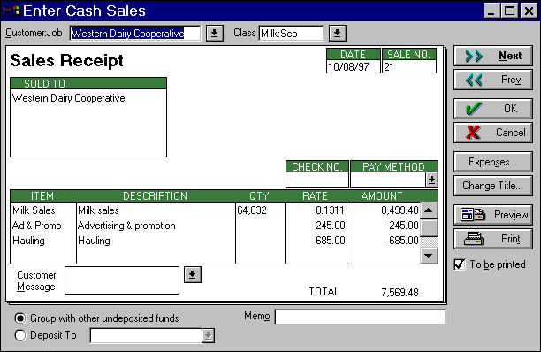 Milk sales entry (QuickBooks)